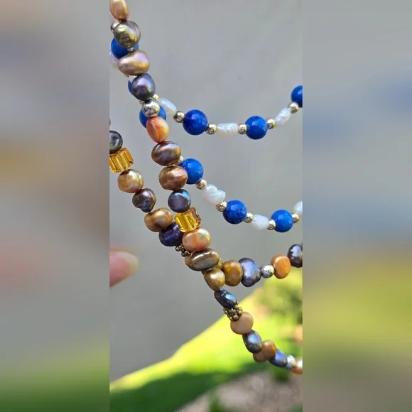 Blue Gemstone White Rice Pearl Gold Purple Peaco Pearl Beaded Necklace Bundle - Picture 8 of 16